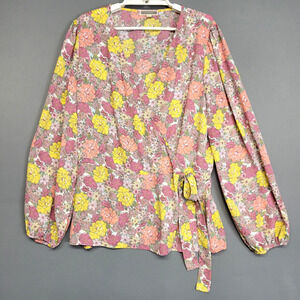 Pleionec Top Womens XL Pink Yellow Floral Wrap Top Long Sleeve Tie Waist Boho